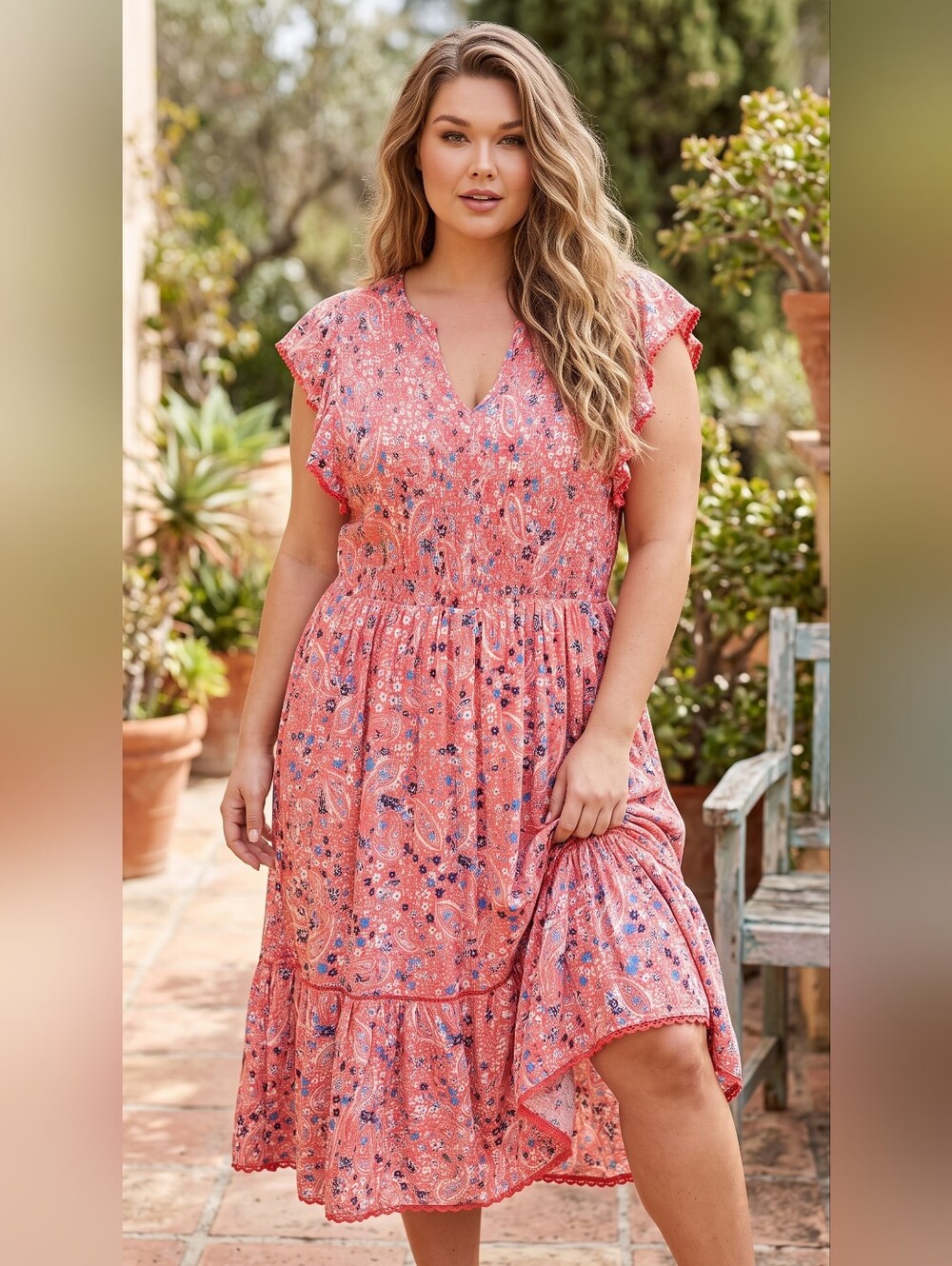 TIME AND TRU Coral Paisley Smocked Lined Casual Dress